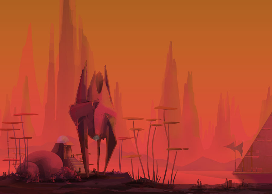 Digital sketch and scifi illustration of alien landscape, parking spaceship on moon and red planet glowing.
