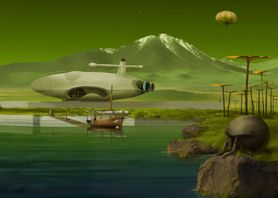  Matte painting of Spaceport 4. Diskwood and alien creature, sailing boat on lake, shuttle unloading. Space art picture and green sky.