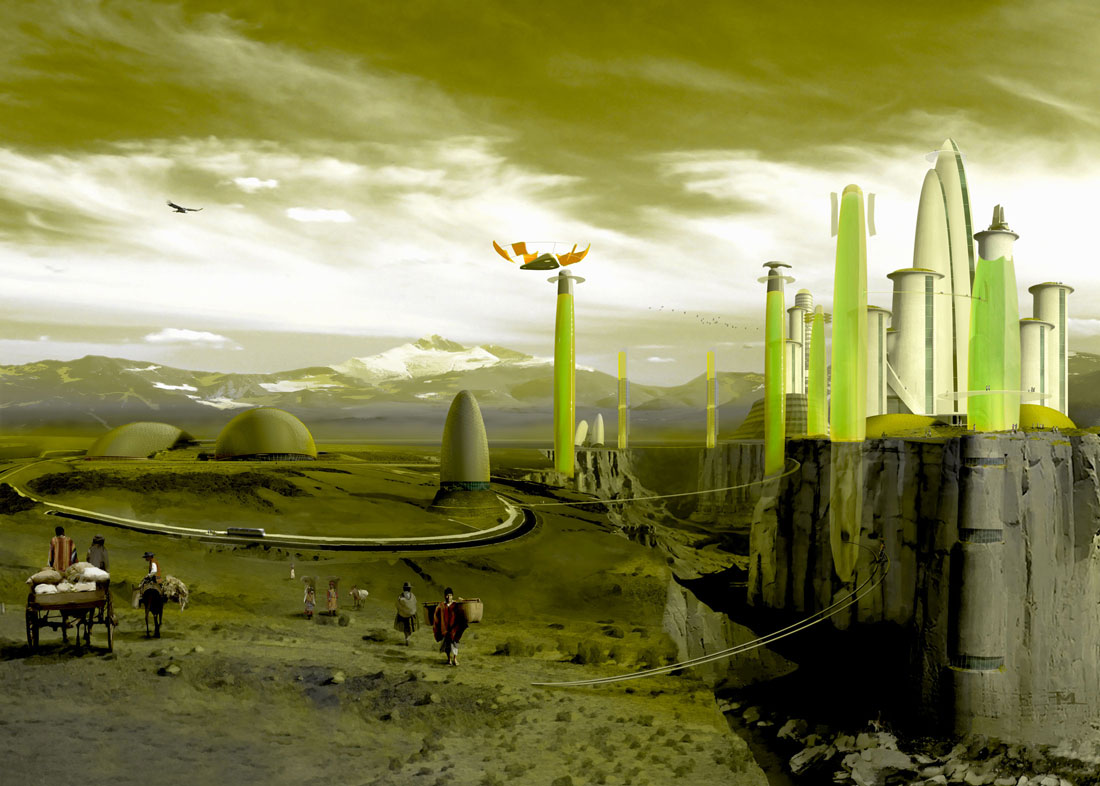digital painting, green towers of glass, the alien city in the Rocky Mountains