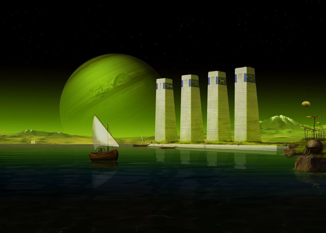 Scifi Bild mit Planetenaufgang, Hafenkai und Seenlandschaft vor grünem Horizont