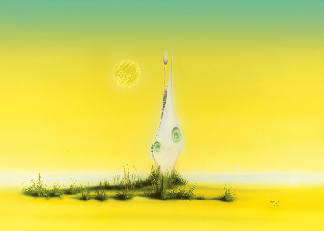 acrylic painting in yellow with moon and glyph tower