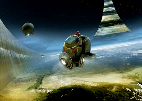 Digital painting. Ringworld ringwall with flycycle