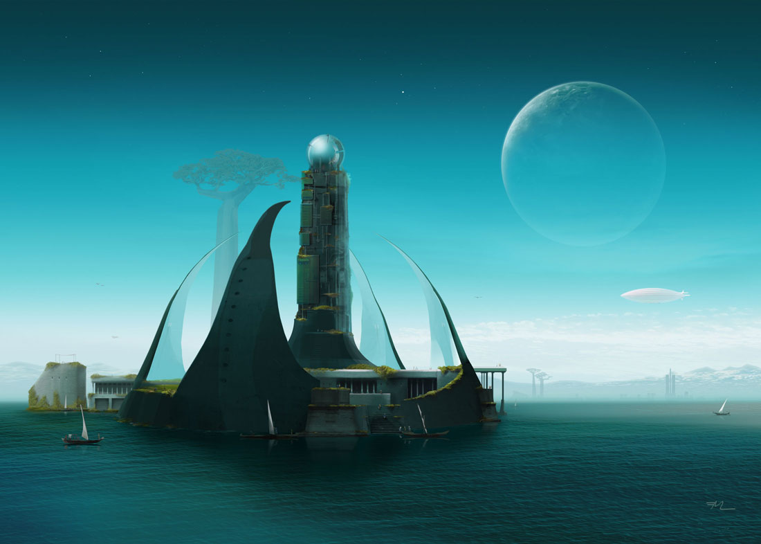 Castle on waterfront with airship, sailing boats, planet rising above blue scifi-landscape