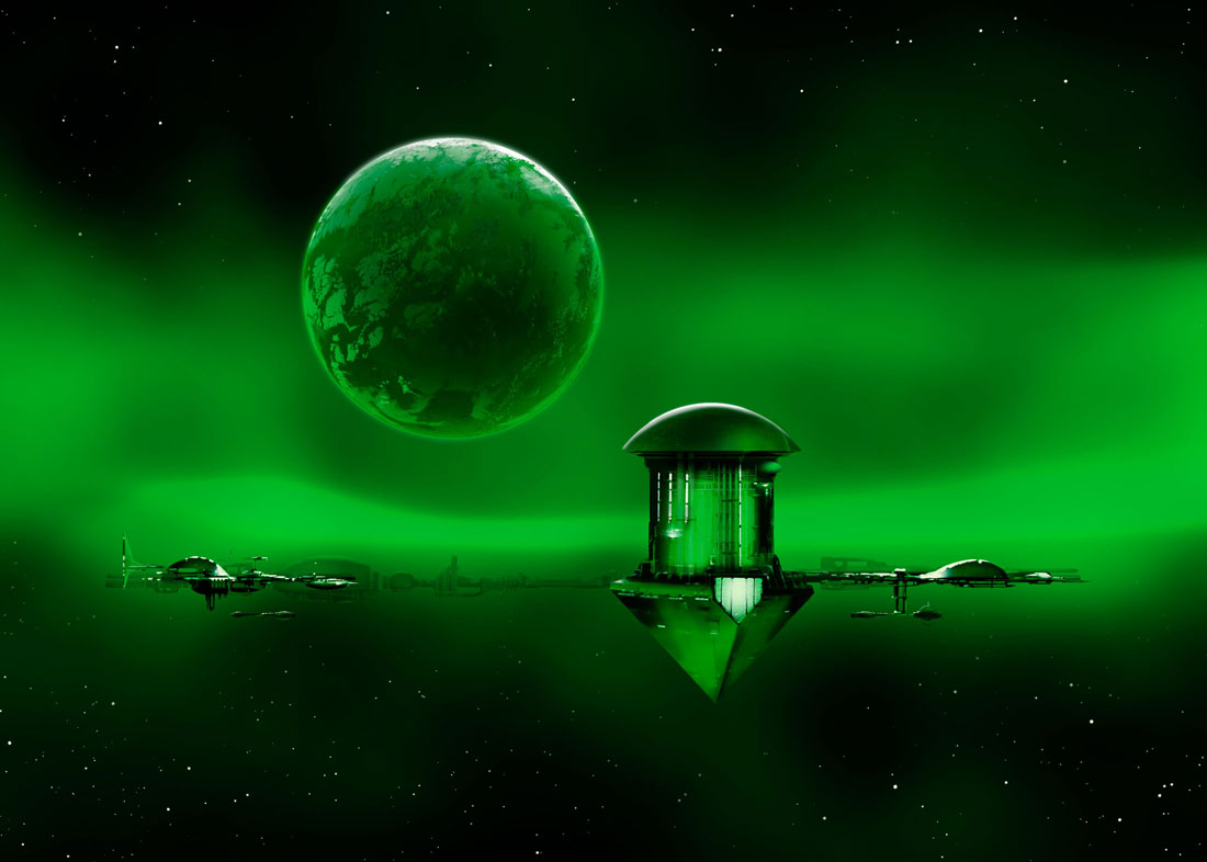 Digital painting with planet bathed in lurid green plasma nebula, space station and spaceships docking.