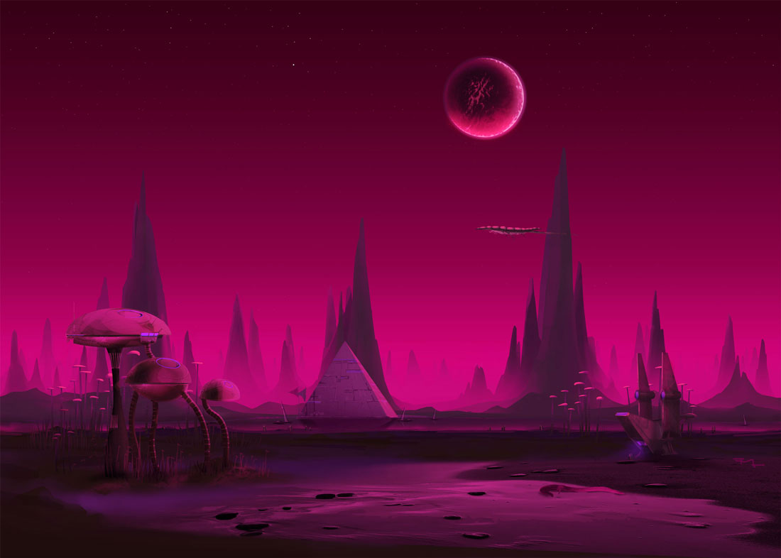 digital sketch and scifi illustration of alien landscape, parking spaceship on moon and red planet glowing
