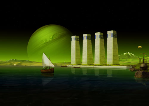 Gateport - Scifi Bild mit grüner Planetenlandschaft