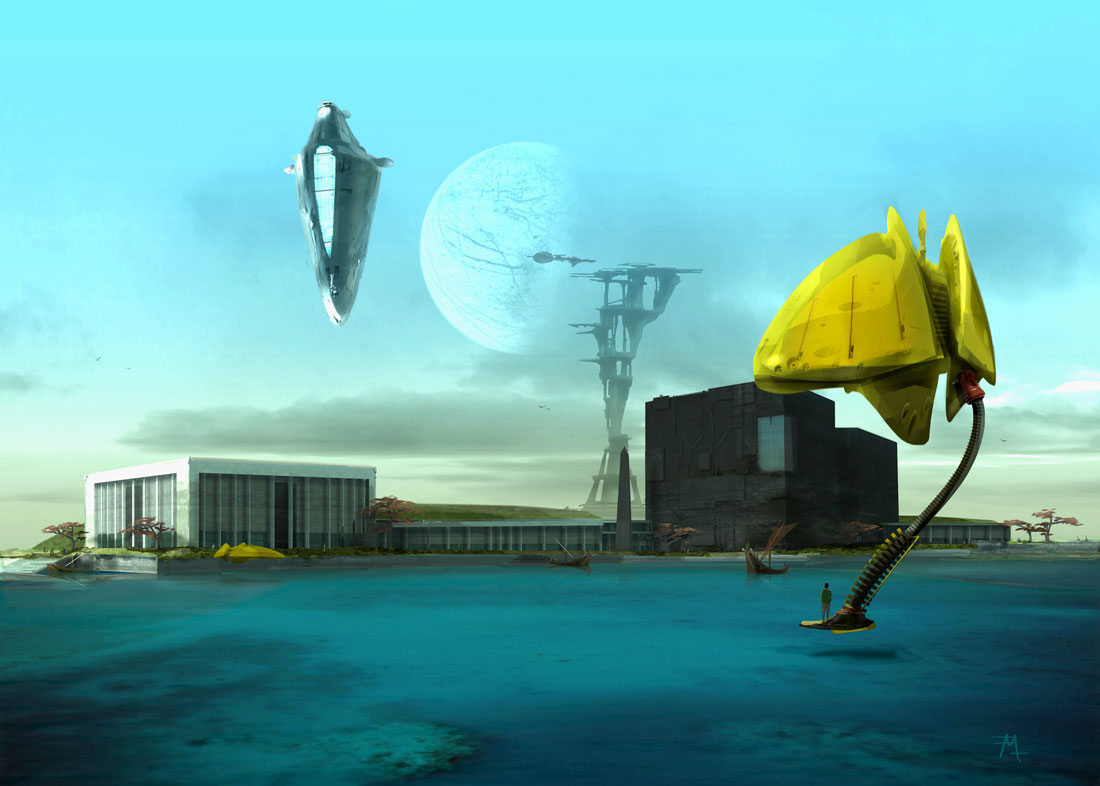 Sea and harbor with spaceship, monopod and towercity