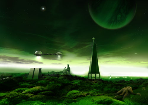 Mooswelt . Science Fiction Kunstwerk mit grüner Planetenlandschaft