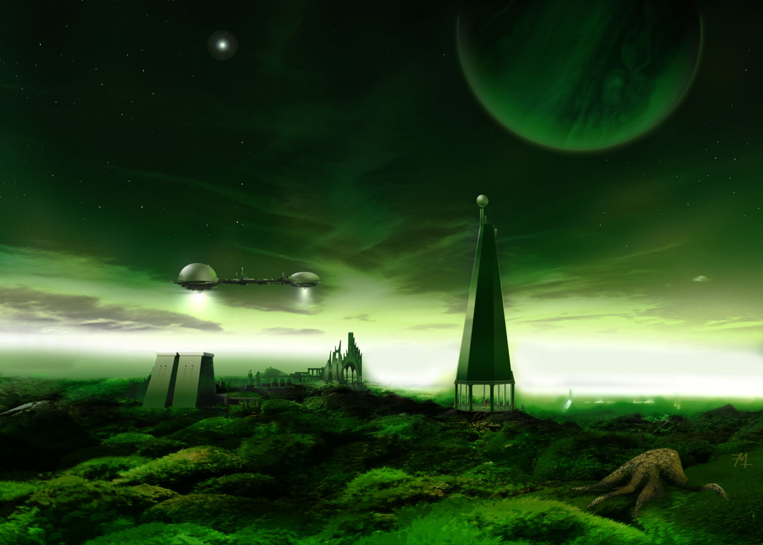 Horizont schwarz-grün, Gasriese, Raumschiff und dunkle Landschaft mit Stadt und Lebensform