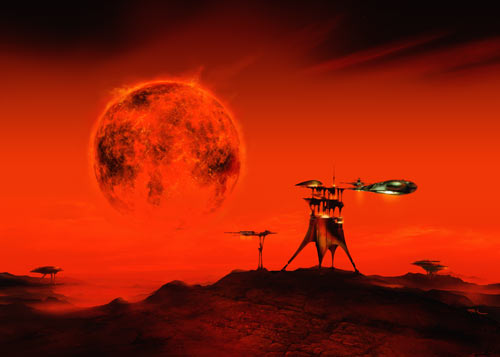 Digital painting. Spaceship at docking under red giant sun