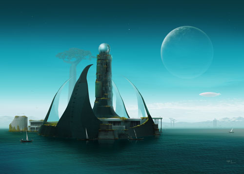Digital Painting. Blue planet and scifi castle