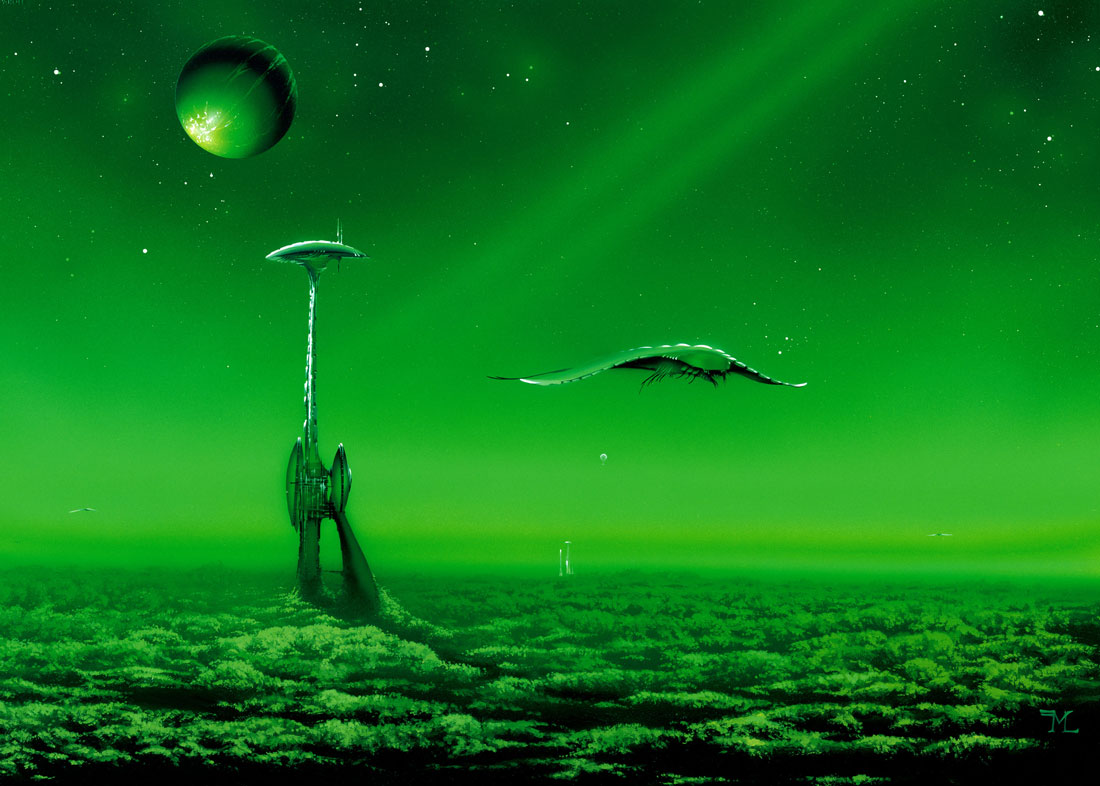 Acrylgemälde in Grün mit Mondplanet, Turmgebäude und Flugtier